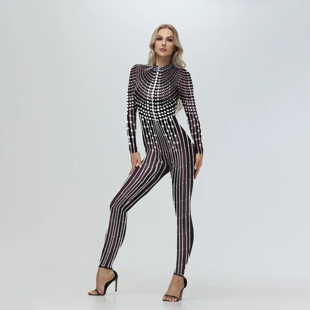 Elegant Skin Color Rhinestone Print Jumpsuit for Women