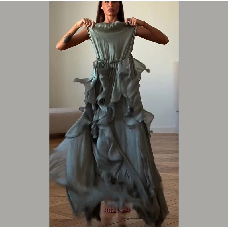 Cascading Ruffle Pleated Maxi Dress with Lace Up for Women