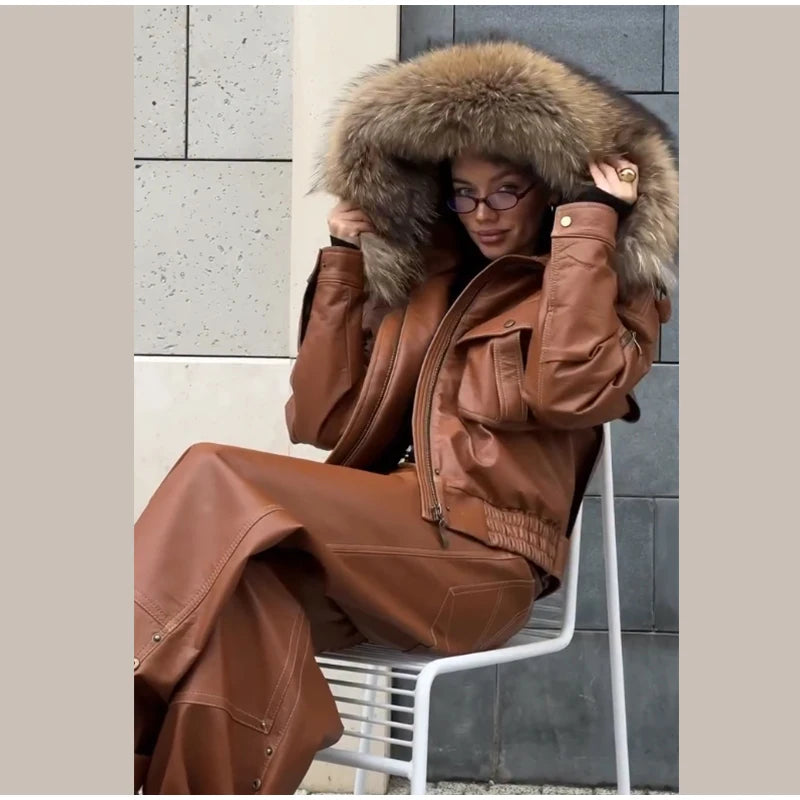 Fur Collar Women 's Leather Jackets Vintage Hooded Zipper Pockets Full Sleeve Jackets Lady 2025 New Woman Winter Coats Outwears