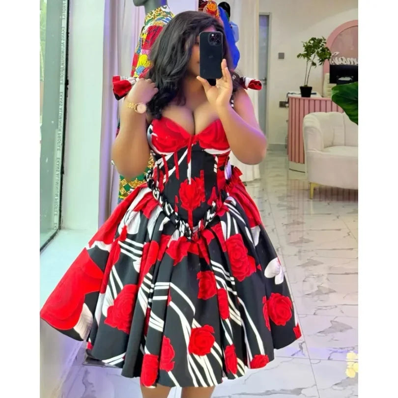 Customized Elegant Stylish Tube Top A-line Flower Print Waist-fitted Midi Dresses Fashion Summer Sexy Low-cut Bow Straps Casual