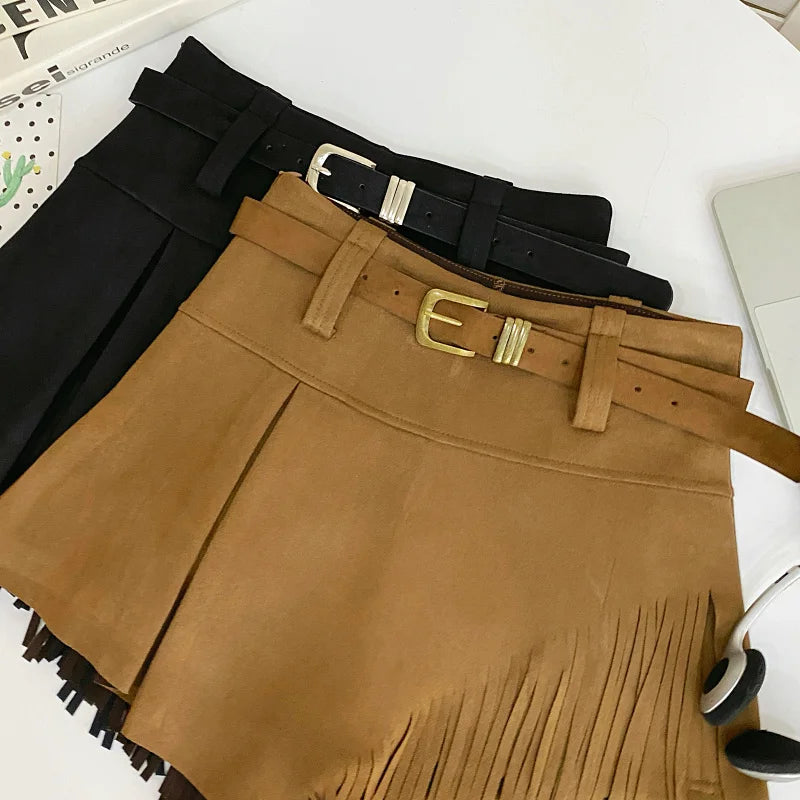 Tassel Detail Faux Suede Shorts