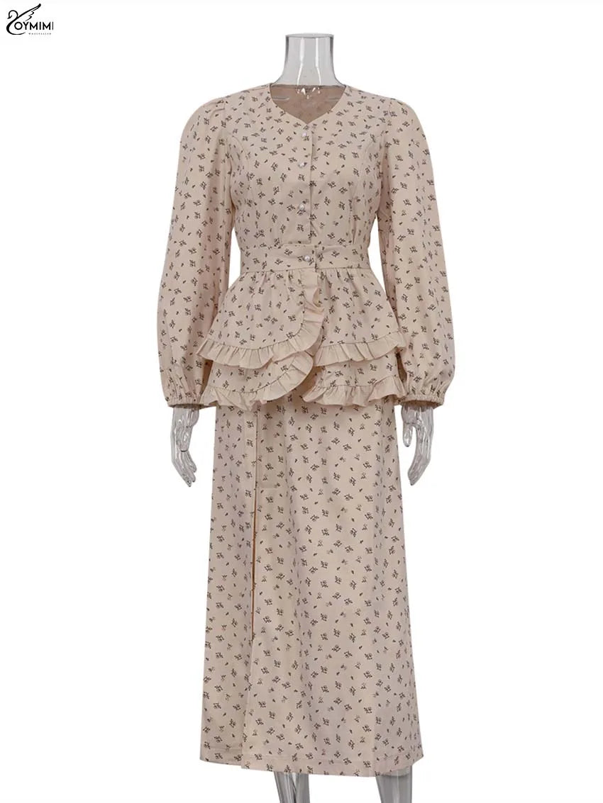 Oymimi Casual Apricot Print 2 Pieces Set For Woman Elegant Long Sleeve Button Ruffled Shirts And High Waist Side Slit Skirts Set