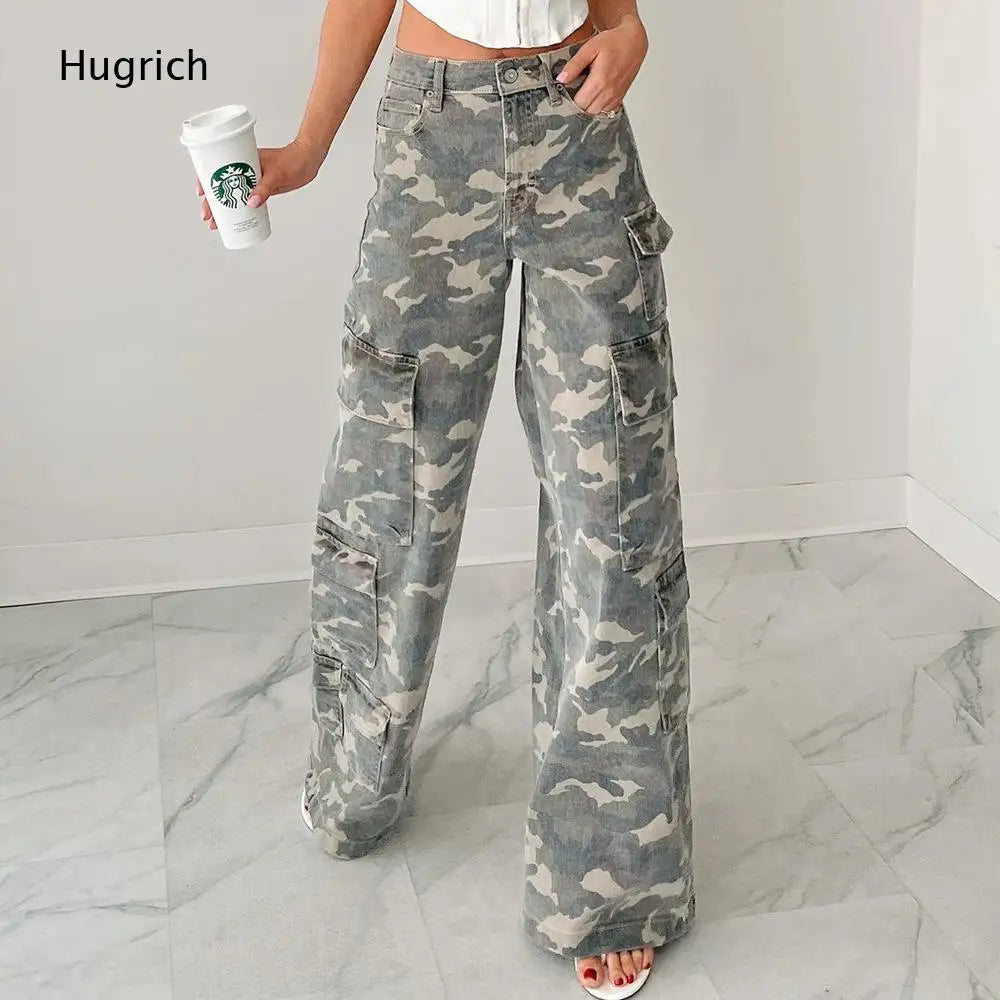 High Waist Camouflage Wide Leg Cargo Pants for Women