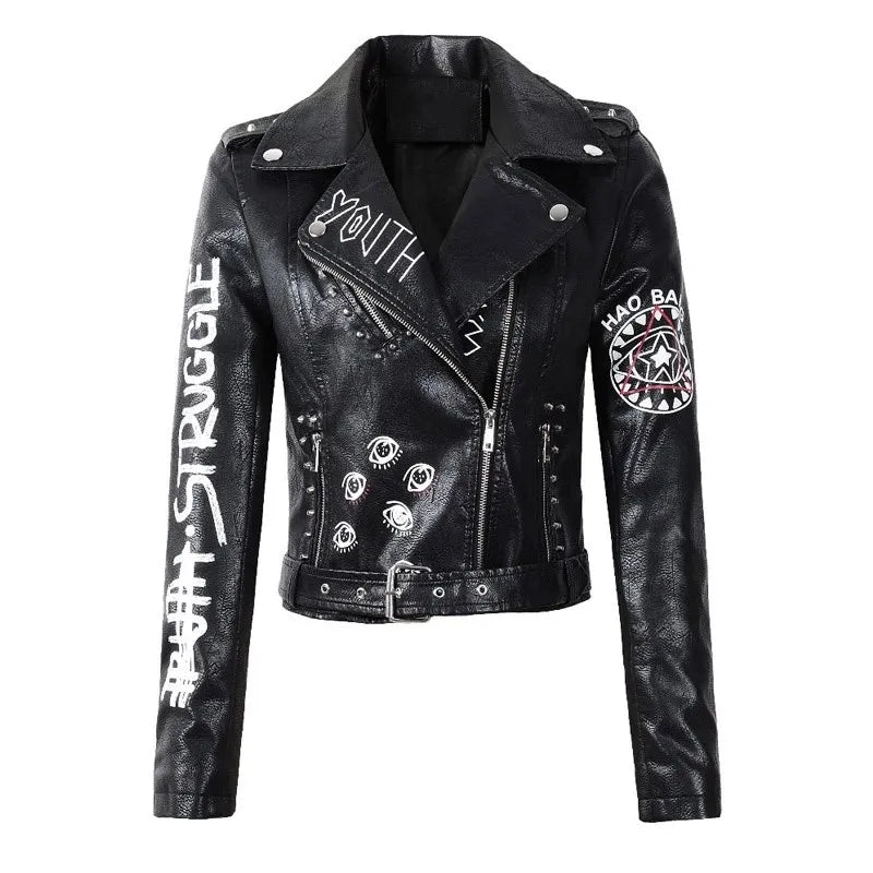 Rivet Zipper Faux Leather Motorcycle Jacket for Women