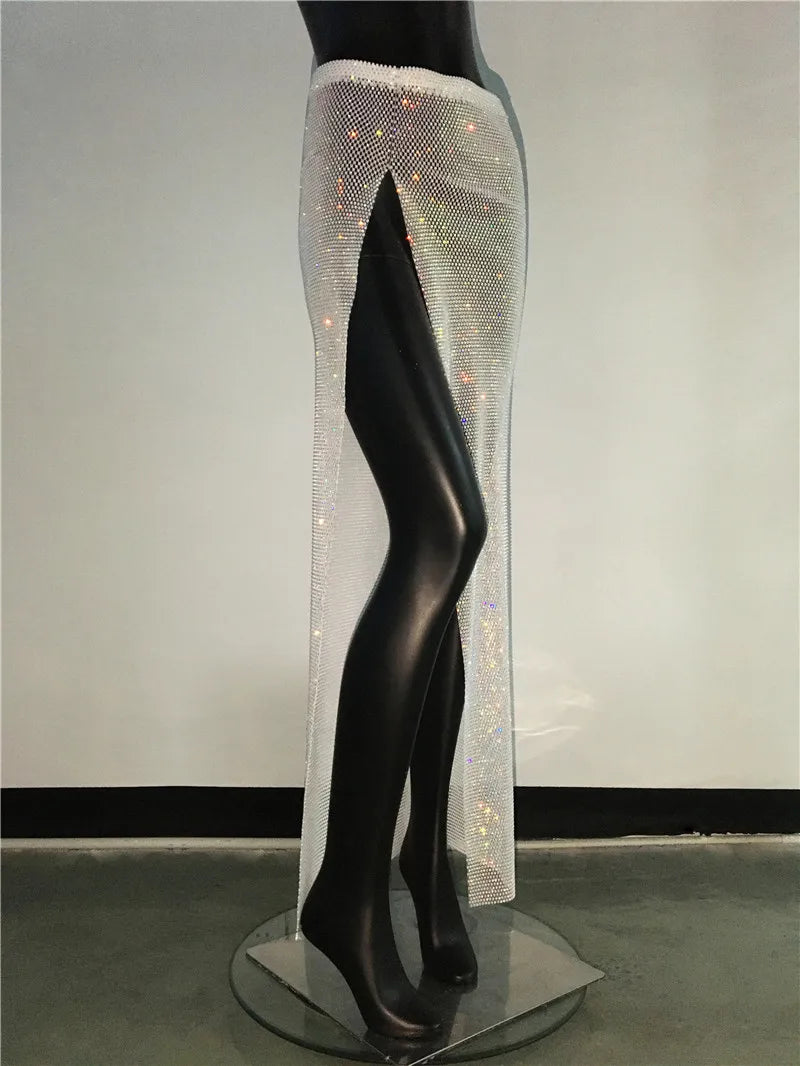 Glitter Rhinestone Long Fishnet Split Skirt for Women