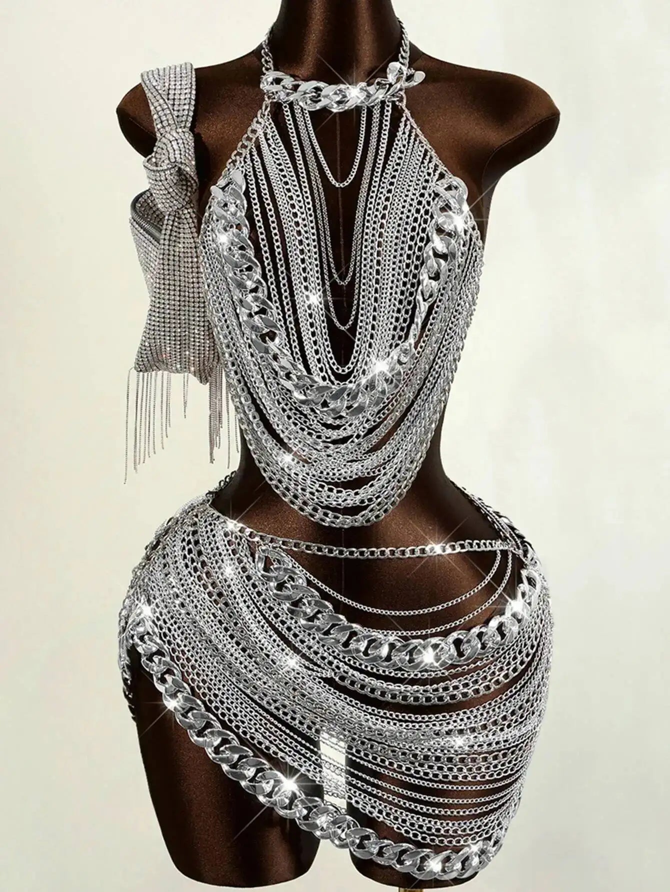 Sheer Metal Chain Backless Mini Dress Party Clubwear for Women