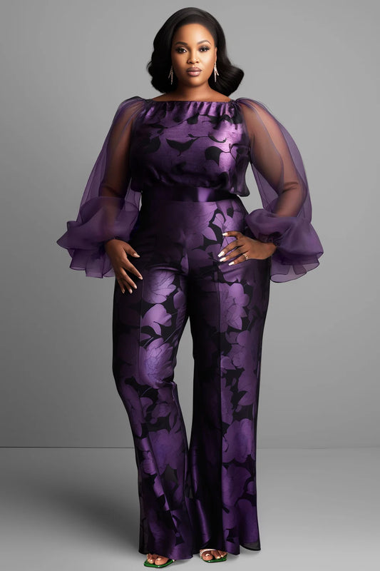 Plus Size Formal Purple Floral Boat Neck Lantern Sleeve Long Sleeve See Through Elegant Satin Tulle Jumpsuits