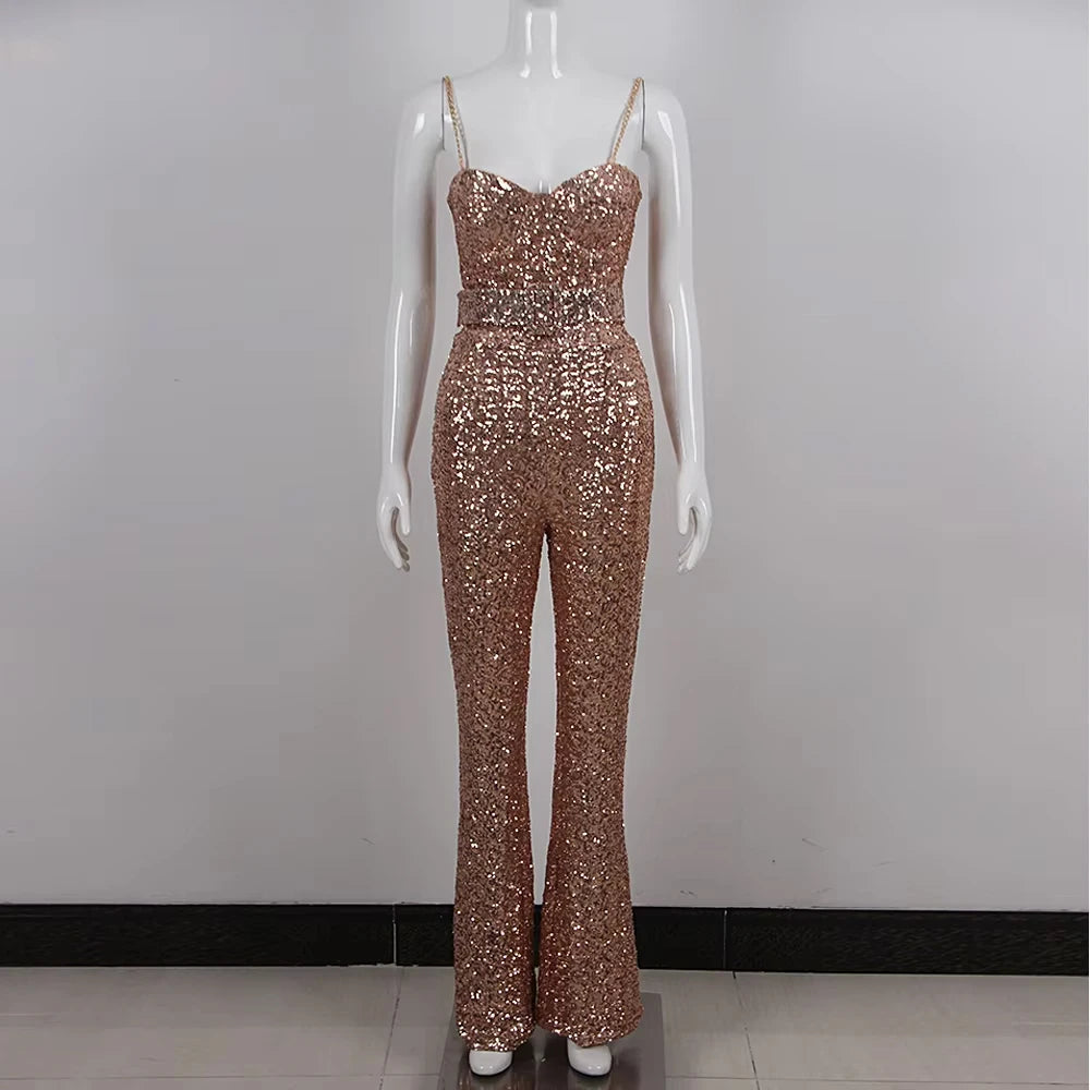 Gold Sequin Design Sleeveless Jumpsuit With Belt for Women