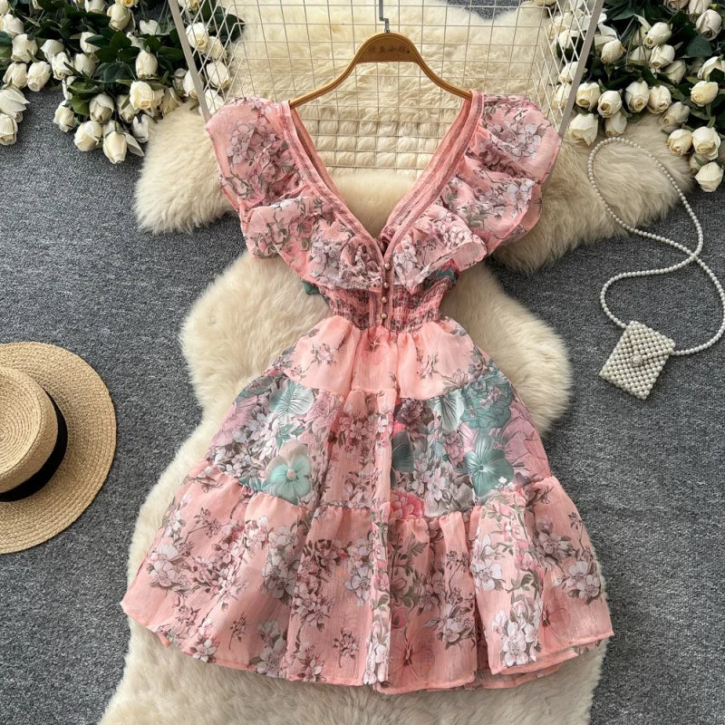 Boho Summer Floral Ruffle Cutout Mini Dress for Women