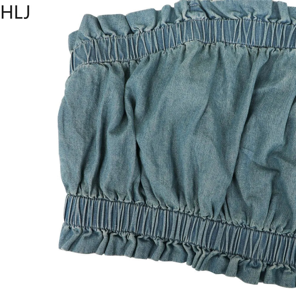 Ruched Spaghetti Strap Denim Two Piece Set for Women