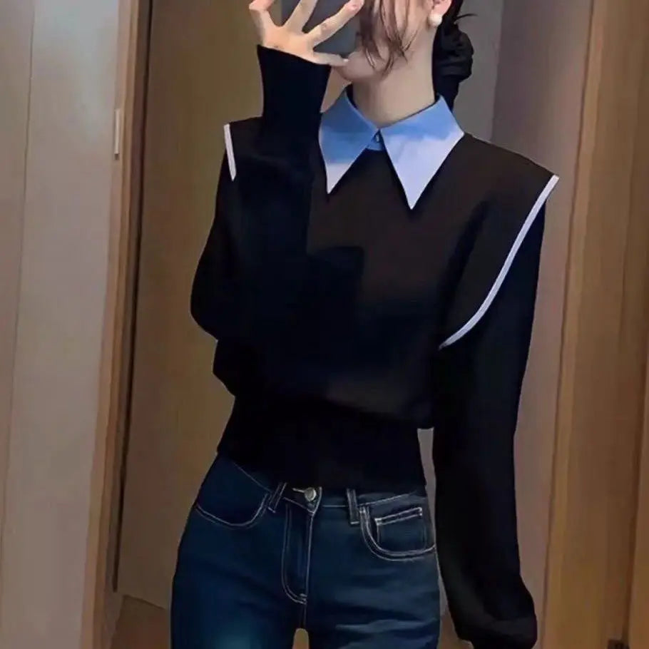 Simulated Two Piece Contrast Patchwork Long Sleeve Shirt for Women