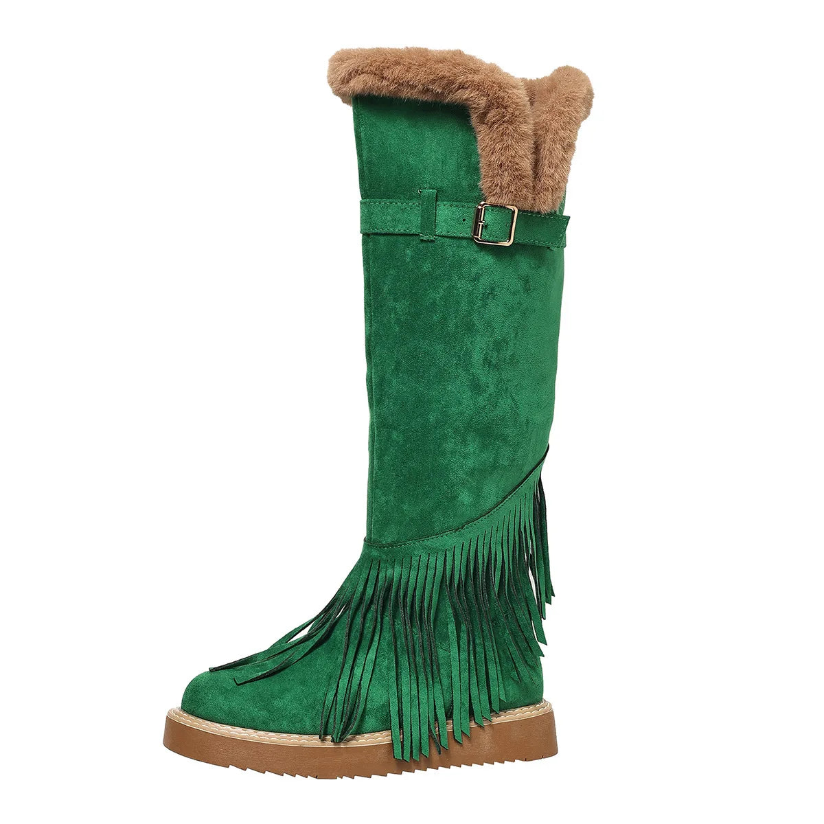 Faux Fur Lined Suede Knee High Fringe Boots for Women