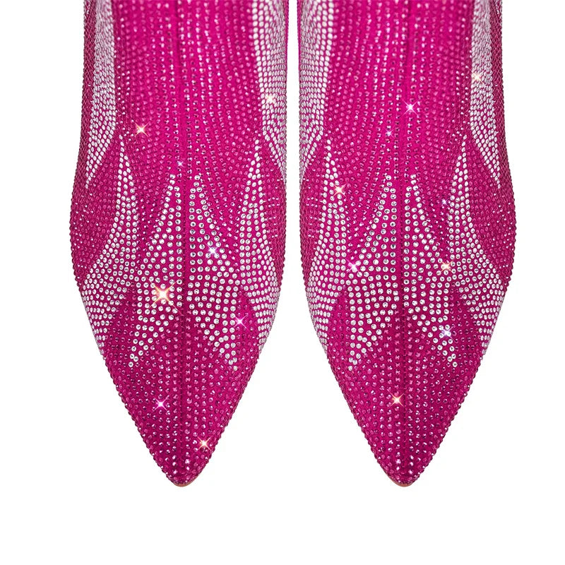 Pointed Toe Rhinestone Knee High Boots with Thin Heels for Women