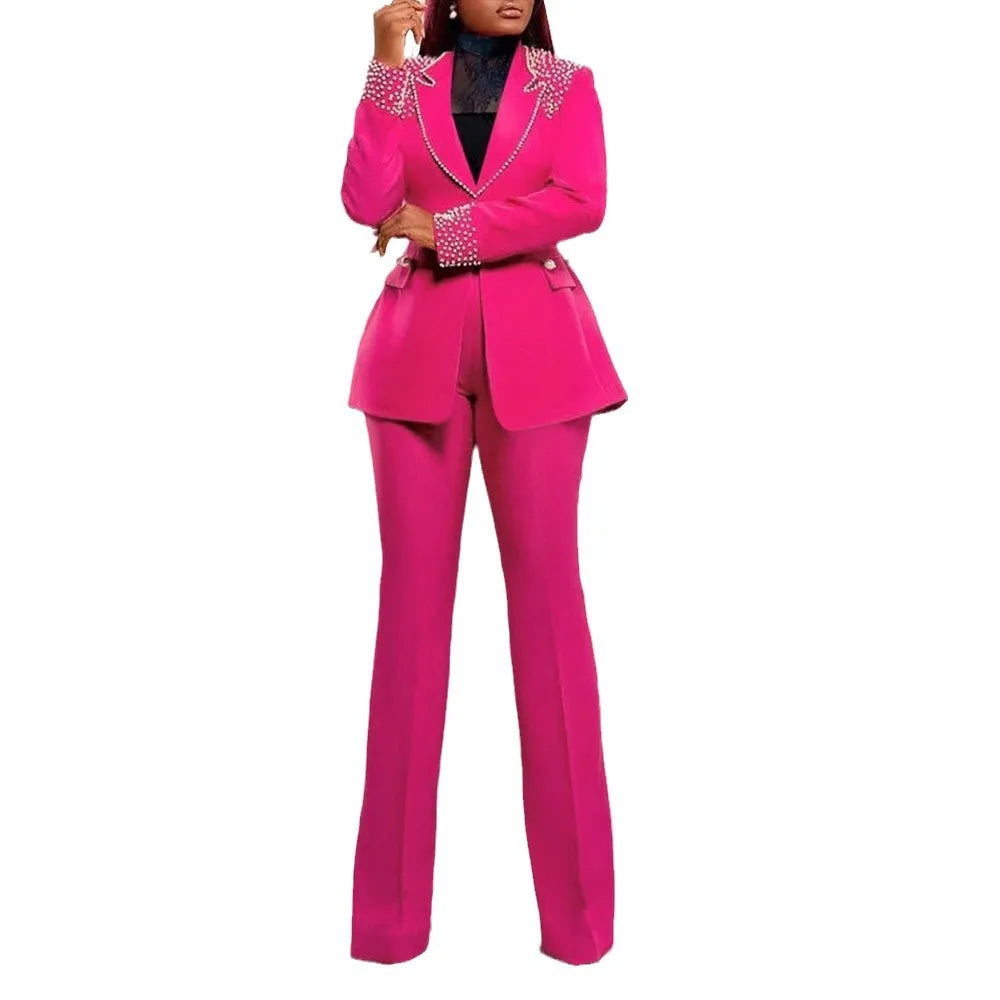 Elegant Slim Fit Pearl Blazer And Pants Set for Women