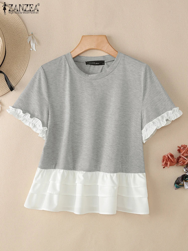 ZANZEA Woman Summer Fashion Chic T-Shirts Round Neck Short Sleeve Ruffle Trim Layered Hem Contrast-Color Casual Patchwork Tees