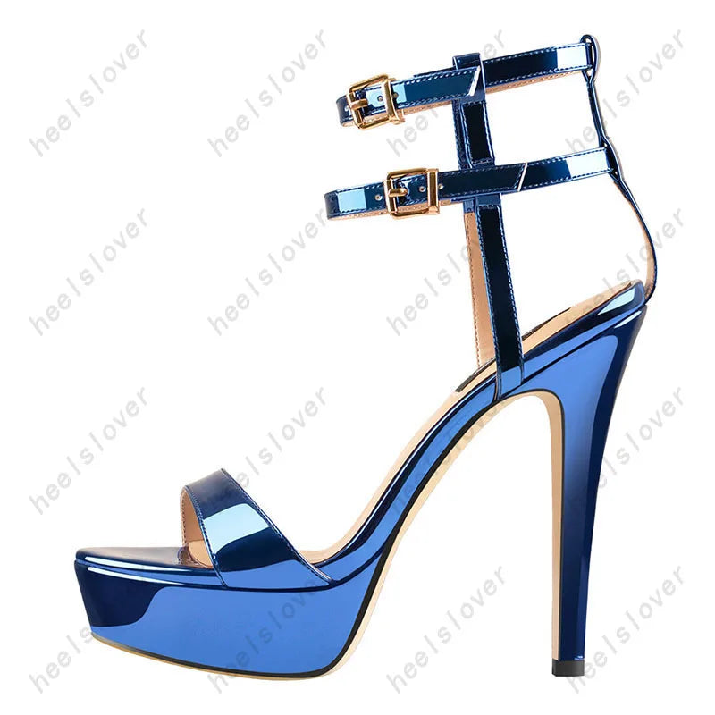 Glossy Blue Open Toe Platform Stiletto Sandals For Women