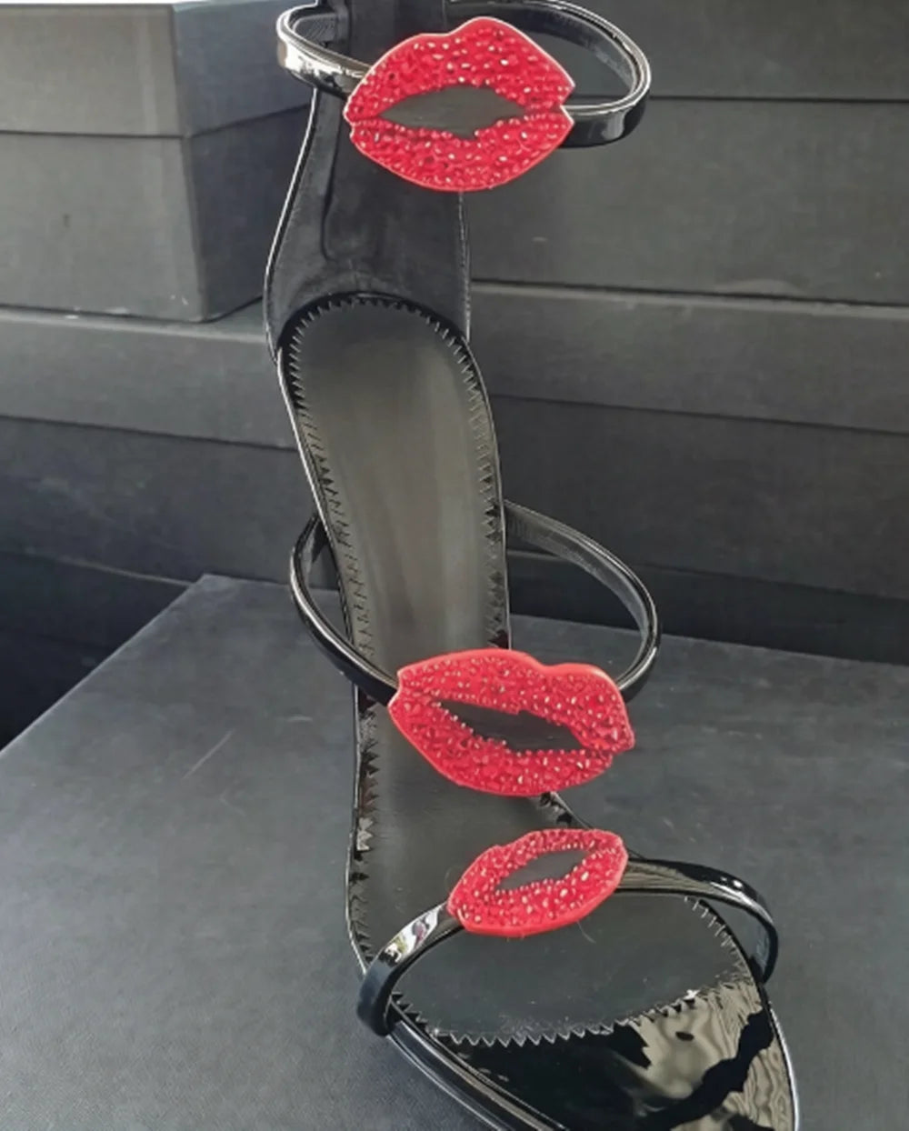 Open Toe Patent Leather Stiletto Sandals With Lip Embellishments for Women