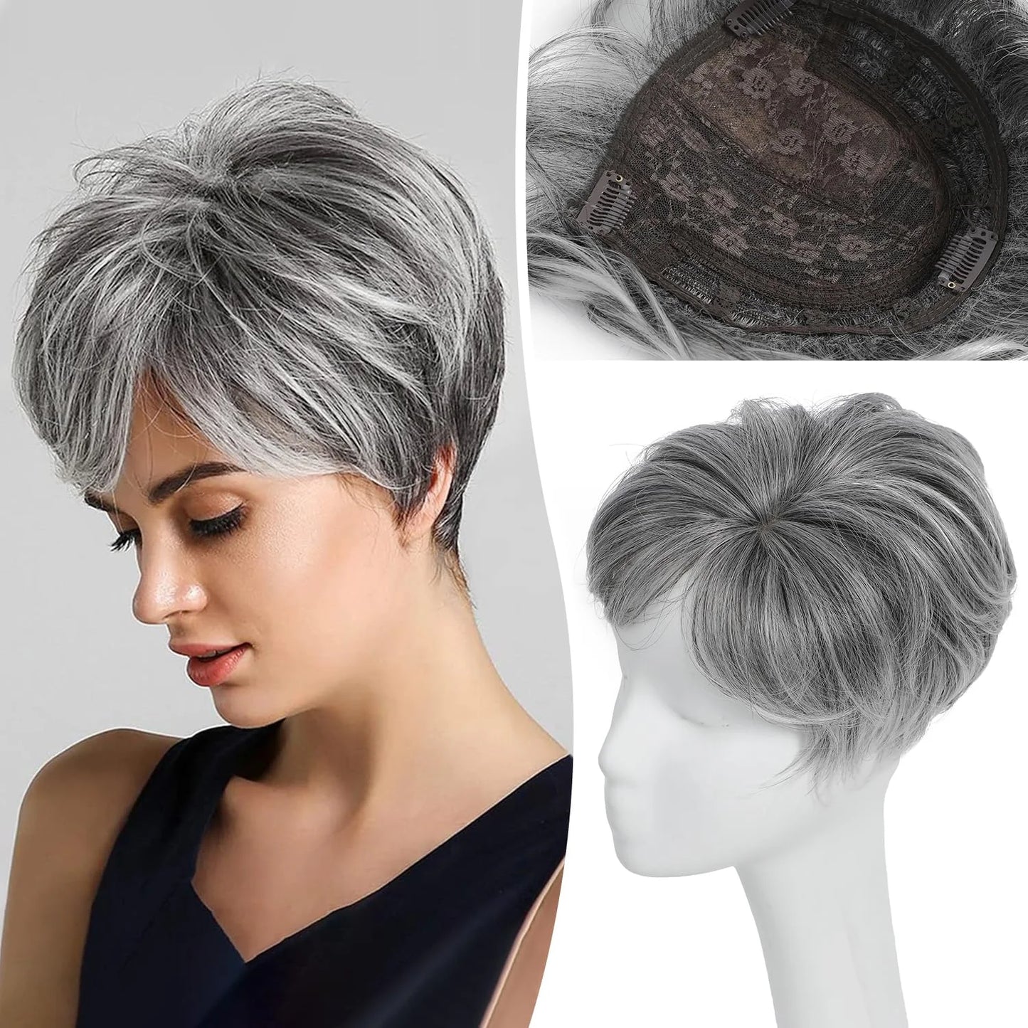 Pixie Cut Hair Toppers for Women 6.8" x 7" Short Hair Topper Fluffy Synthetic Hair Topper Clip in Top Wavy Replacement Wiglets