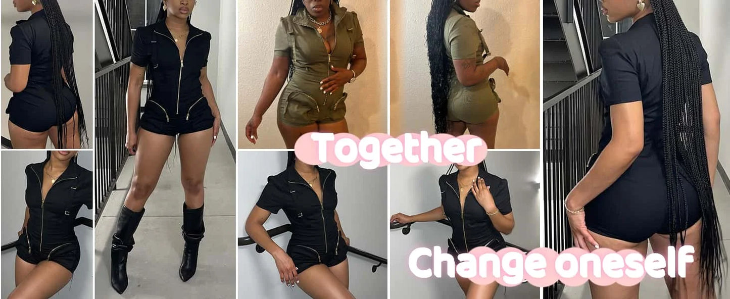 Solid Color Pocket Cargo Short Sleeve V Neck Romper for Women