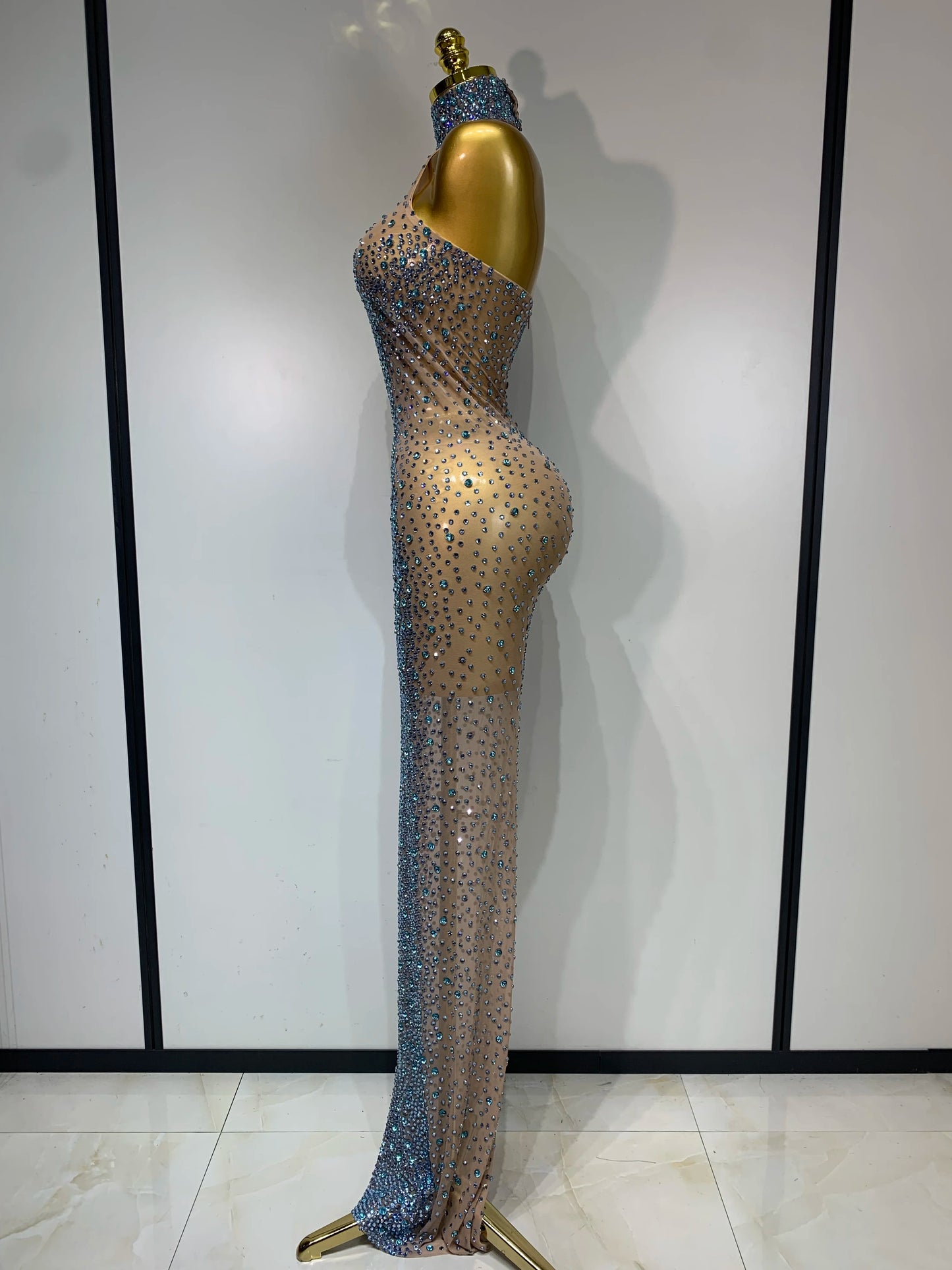 2025 New Sleeveless Mesh See Through Long Dress Sexy Backless Sparkly Rhinestone Dress Celebration Festival Evening Party Gowns