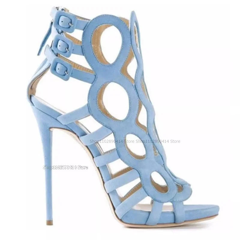 Blue Open Toe Hollow Back Zipper Stiletto Sandals for Women