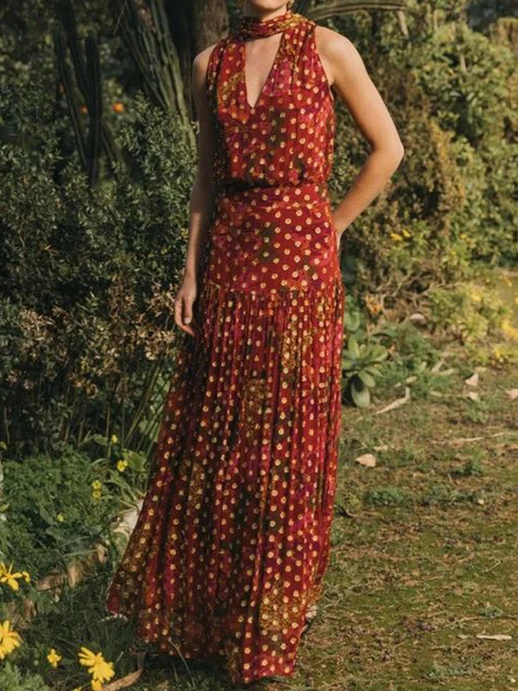 Bohemian Print Two Piece Top and Maxi Skirt Set for Women