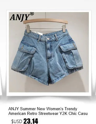 ANJY Summer New Women American Retro Streetwear Camouflage Three-dimensional Pocket Cargo Jeans Casual Trendy Denim Shorts A7672