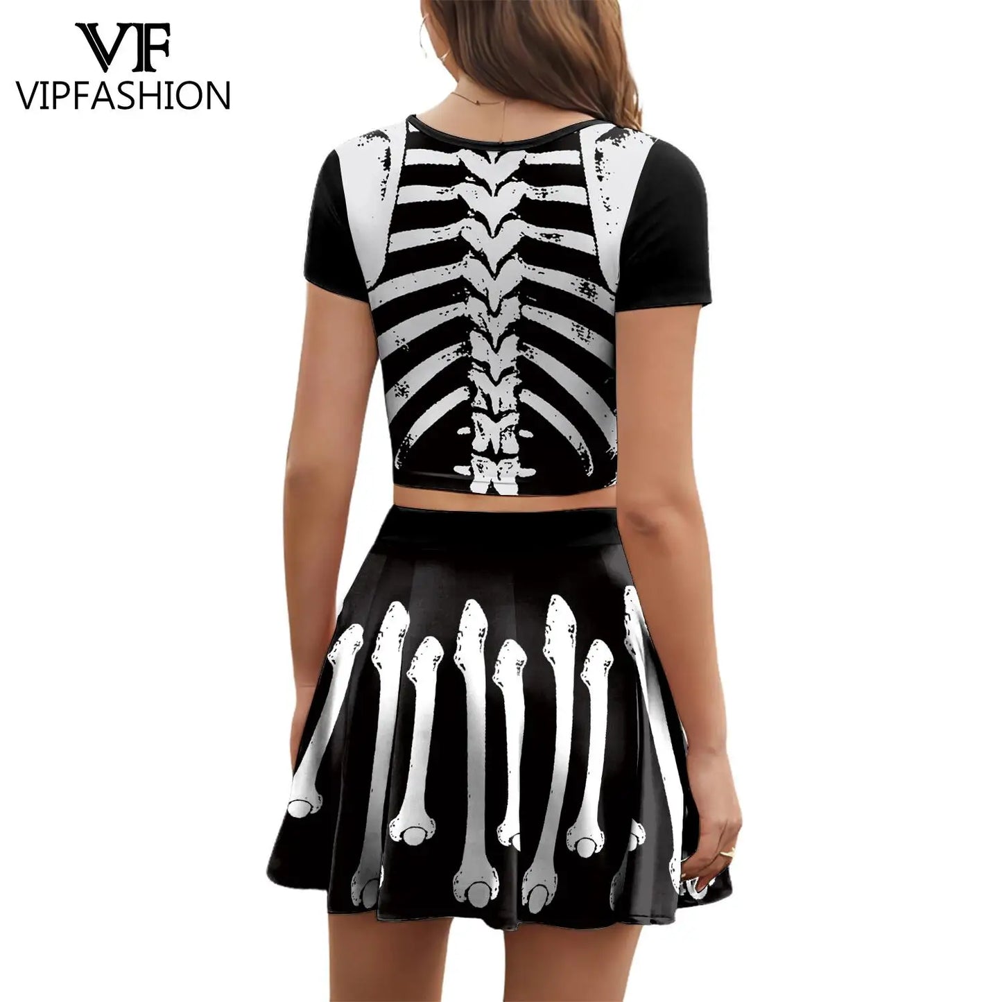 Gothic Skeleton Print Two Piece Costume Set for Women
