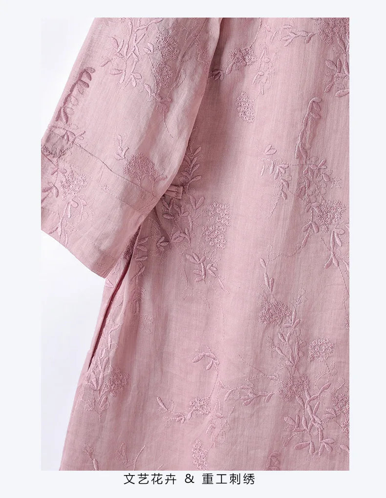 Elegant Embroidered Ramie Linen Knee Length Dress for Women