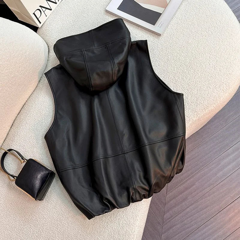 Elegant Lightweight Hooded Faux Leather Vest for Women