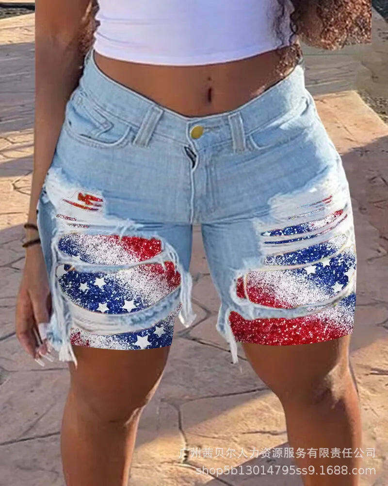 Casual Slim Knee Length Patchwork Denim Shorts for Women