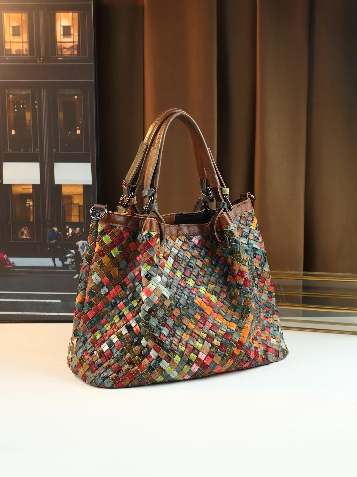 ABQP New Women's Handbag Made of Genuine Leather Hand Woven Women's Single Shoulder Crossbody Bag Color Spliced Women's Bag