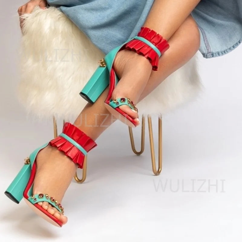 Red Tassel Patchwork Diamond Buckle Sandal for Women