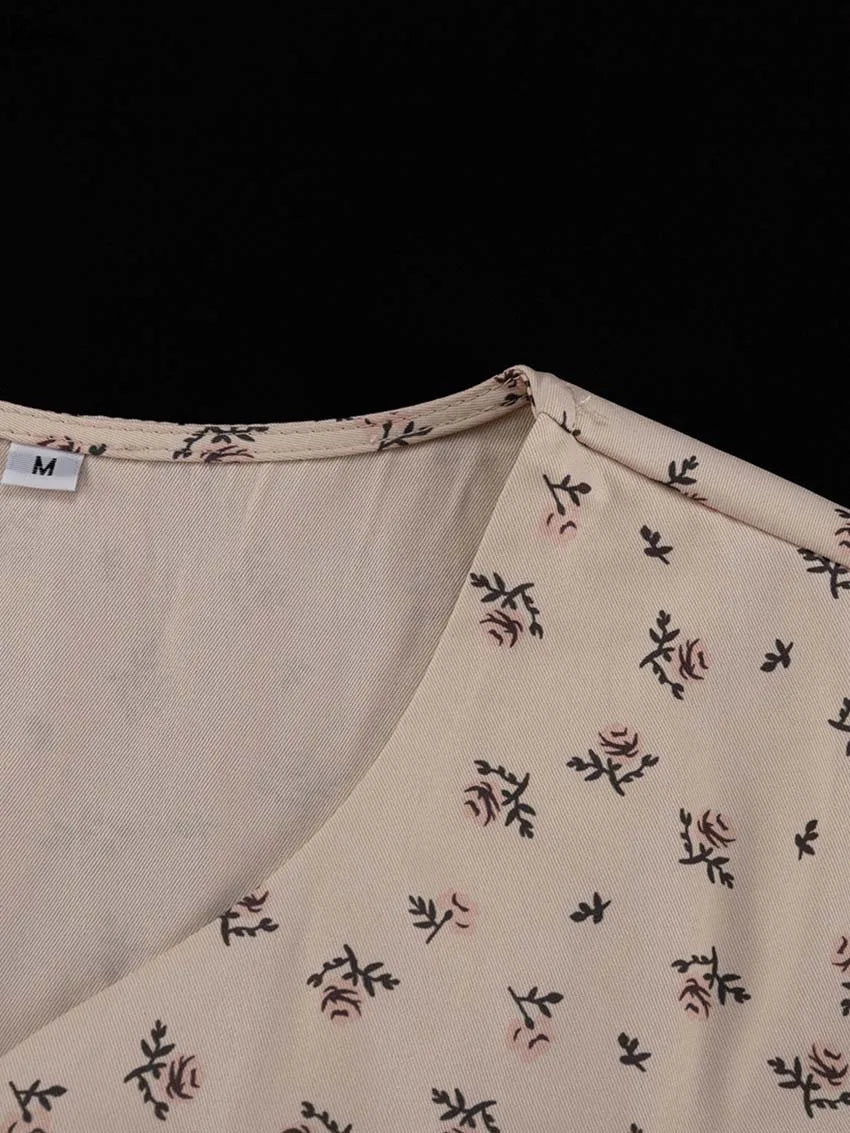 Oymimi Casual Apricot Print 2 Pieces Set For Woman Elegant Long Sleeve Button Ruffled Shirts And High Waist Side Slit Skirts Set