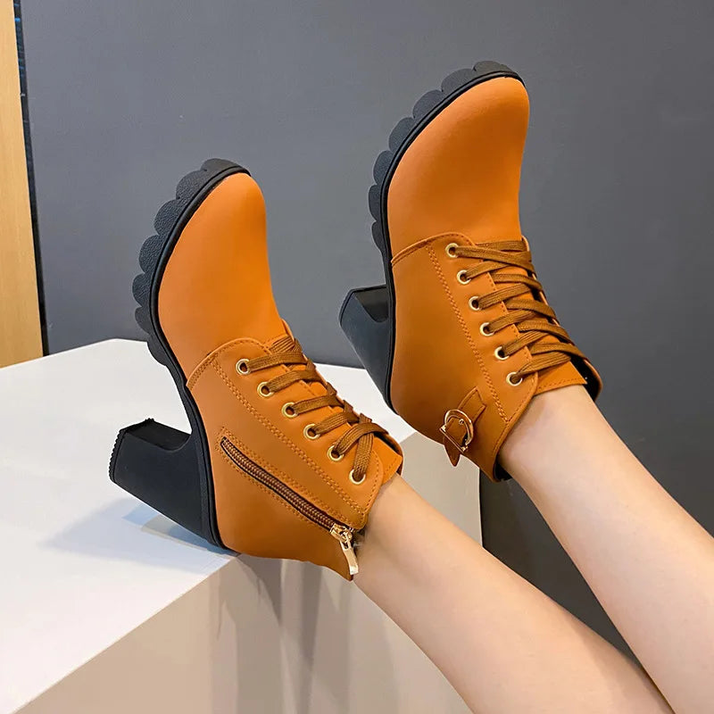 Lace-Up Platform Ankle Boots With Square Heels for Women