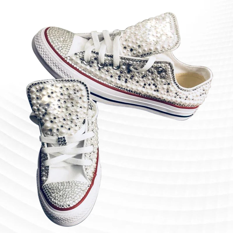 Handmade Pearl Rhinestone Low Top Canvas Shoes for Women