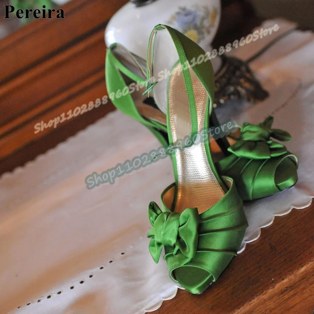 Green Silk Bowknot Pleat Sandals Stilettos High Heel Shoes For Women Ankle Buckle Strap Peep Toe Banquet Stylish Women Sandals