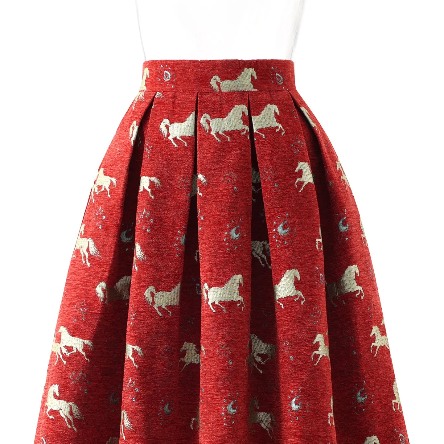 High Quality New Year Red Autumn Winter Vintage Jacquard Mid-long Women A-line Skirt Elegant High Waist Lady Casual Puff Skirts