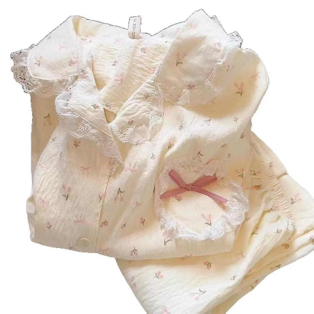 Floral Lace Bow Cardigan Pajama Set