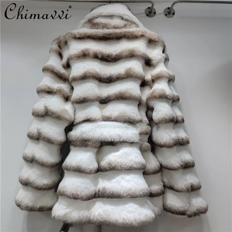 Autumn Winter Fashion Light Luxury Large Lapel Eco-Friendly Faux Fur Plush Coat Women Heavy Craft Long Sleeve Elegant Jackets