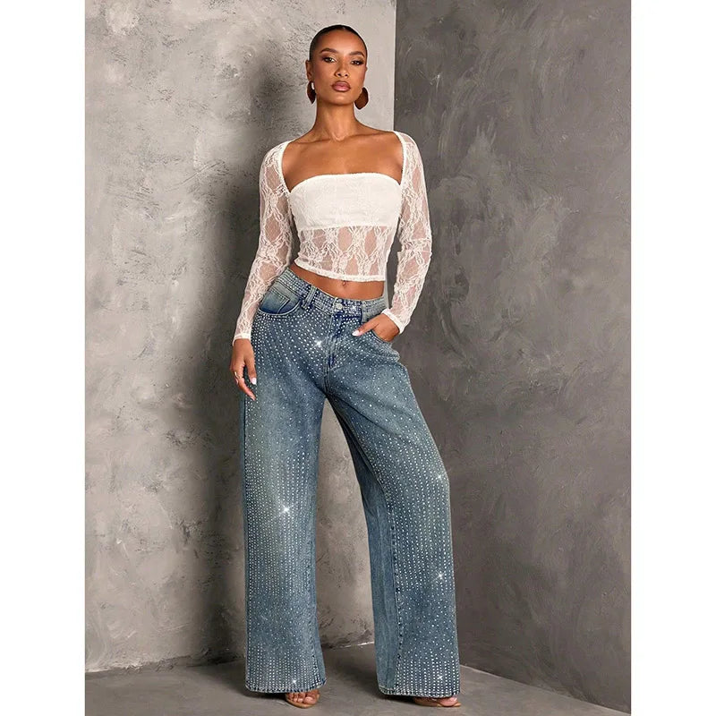 Rhinestone Decor High Waist Stretch Denim Jeans for Women