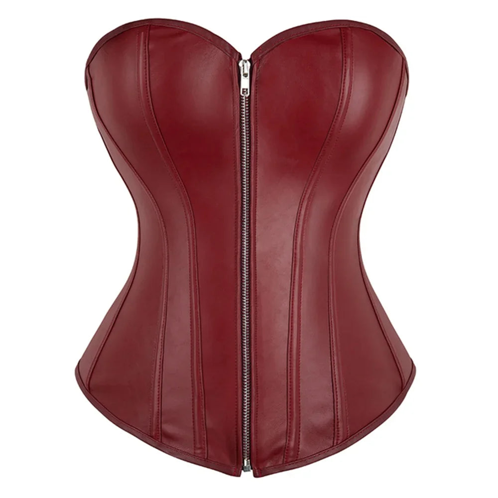 Steampunk Faux Leather Overbust Corset With Zipper for Women