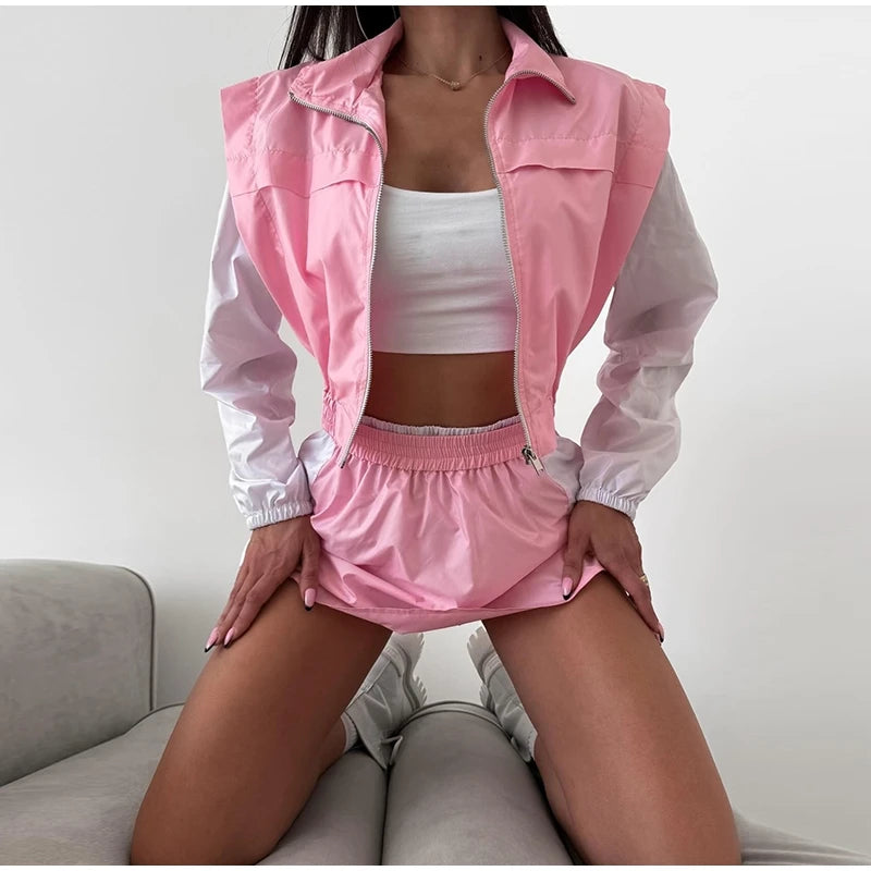 Casual Color Block Long Sleeve Jacket And Mini Skirt Set For Women