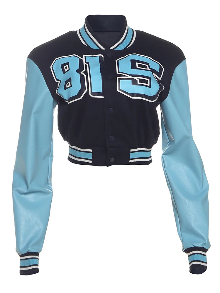Patchwork Faux Leather Sleeve Cropped Jacket for Women