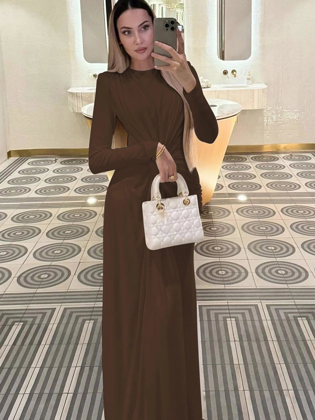 Elegant Ruched Long Sleeve Pleated Maxi Dress for Women
