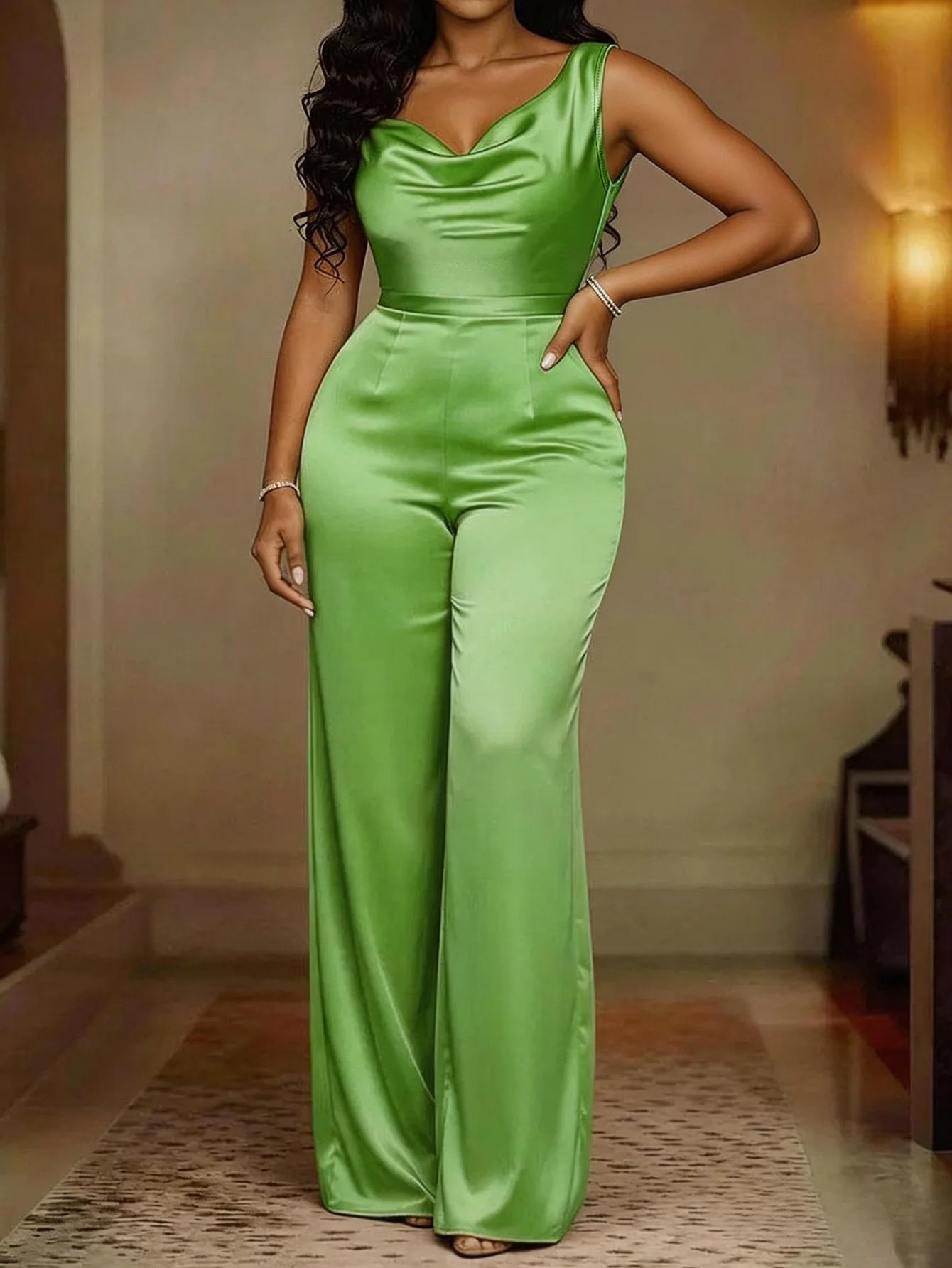 Elegant Satin Cowl Neck Wide Leg Jumpsuit for Women