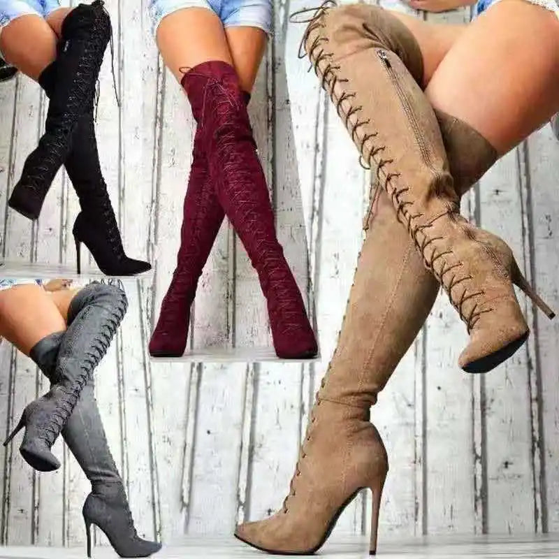 Pointed Toe Lace Up Over The Knee Stiletto Boots for Women