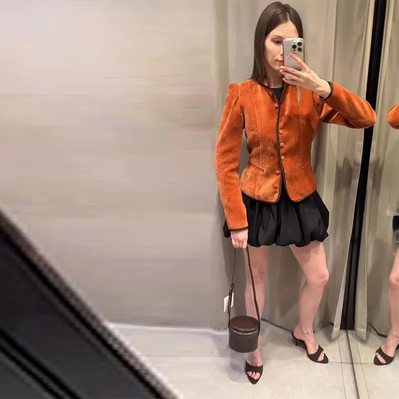 Slim Stand Collar Single-Breasted Short Jacket for Women