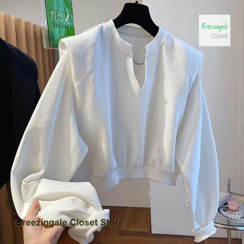 French style V-neck shoulder pads short sweater women's spring and autumn new fashion casual loose niche bottoming shirt