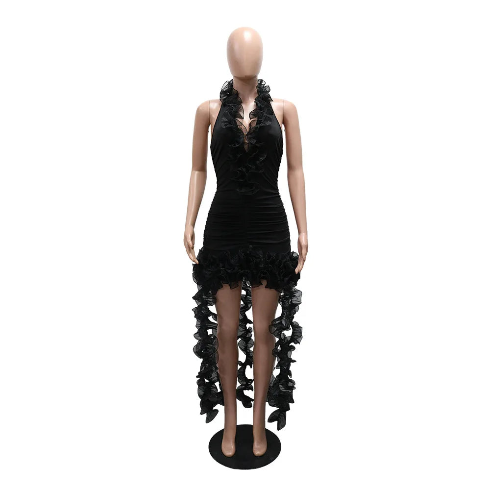 Elegant Patchwork Ruffle Halter Neck Long Dress for Women